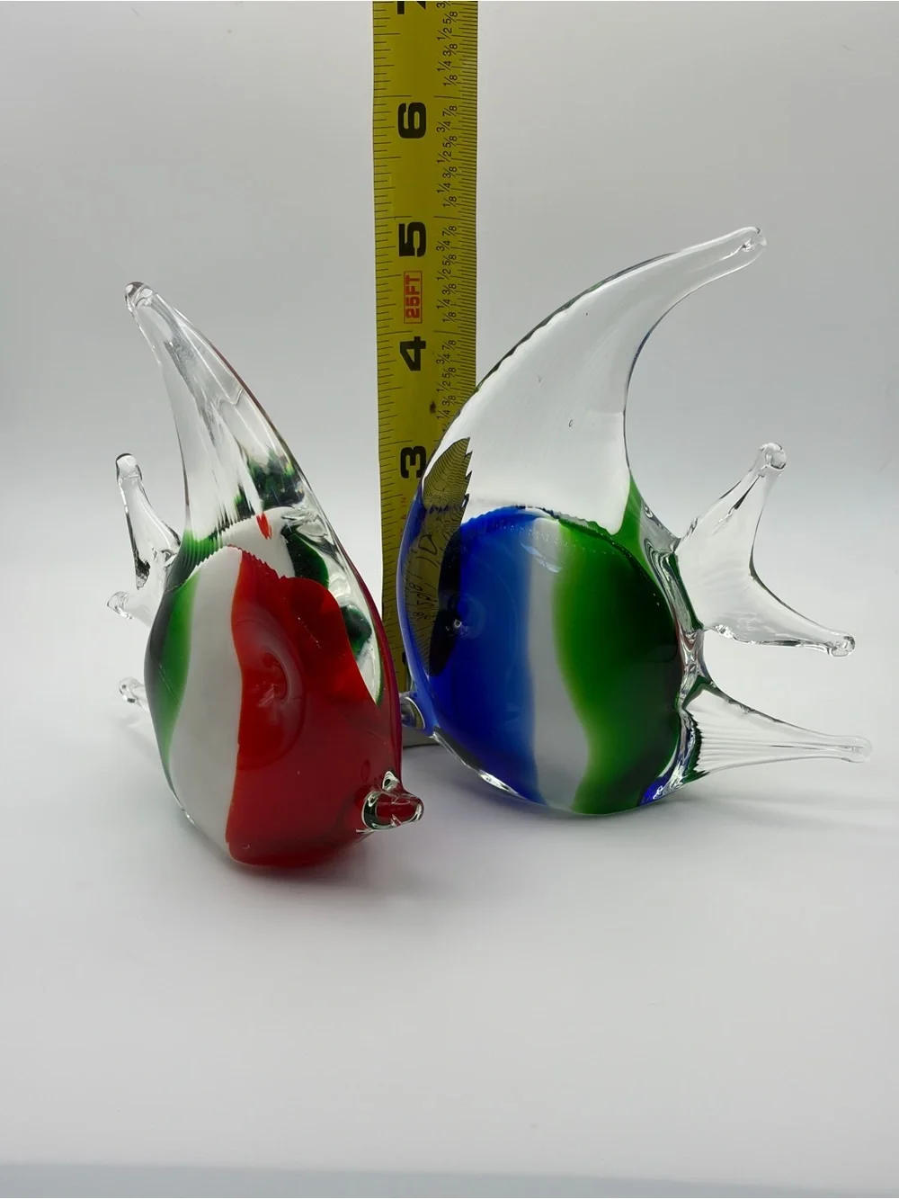 Pair Hand Blown Art Glass Angelfish Figurines Red Blue Green Clear Unsigned